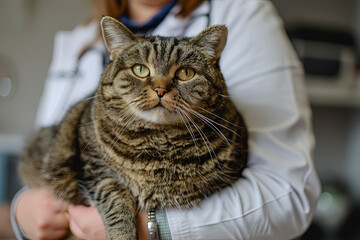 Fat overweight cat on the hands of a veterinarian