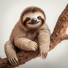 Fototapeta premium lovable three toe sloth laying on branch in neutral syle with white background сreated with Generative Ai
