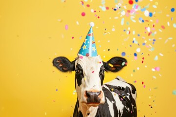 Festive cow wearing party hat surrounded by confetti on yellow background