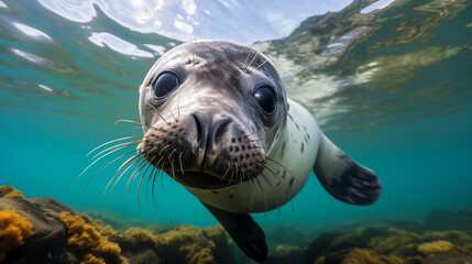 A Seal Up Close on a Rocky Shore on Underwater. Generative AI - obrazy, fototapety, plakaty