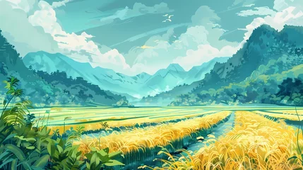  Yellow and green traditional terraced fields illustration poster background © jinzhen