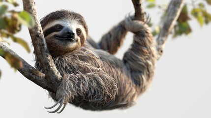 Fototapeta premium A brown and white sloth is hanging from a tree branch