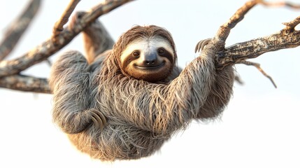 Obraz premium A sloth is hanging from a tree branch and smiling