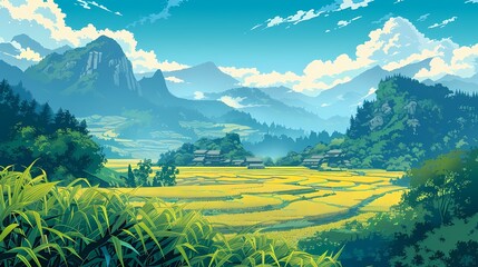 Yellow and green traditional terraced fields illustration poster background