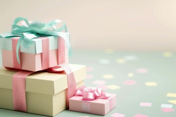 Festive gift boxes with pink and blue ribbons on grey background with confetti for special occasions