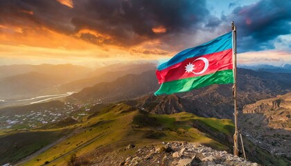The Flag of Azerbaijan On The Mountain. - obrazy, fototapety, plakaty