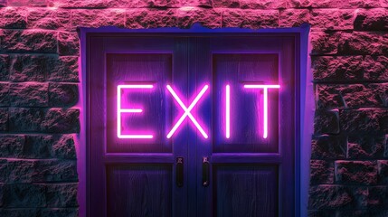 Neon exit sign glowing on stylish doorway at night