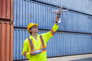 Portrait of engineer inspecting product by inspection drone Container import and logistics concept