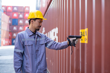 Portrait of an engineer inspecting products using a barcode scanner. Container import and logistics concept
