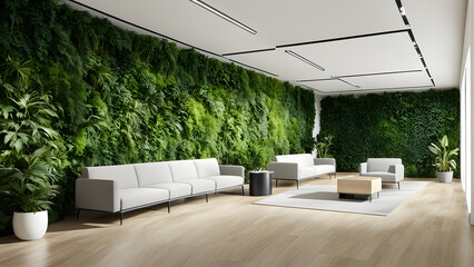 Fototapeta premium Interior of modern living room with green plants and white sofa 