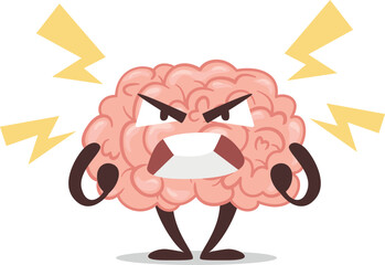Angry brain crazy mad emotion cartoon character with lightning vector flat illustration