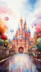 Obraz premium Paint a vibrant watercolor illustration of a whimsical amusement park viewed from a birds-eye perspective, capturing romantic stories unfolding in virtual reality booths