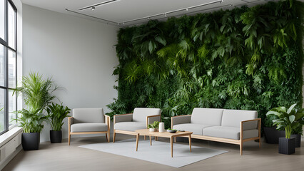 Interior of modern living room with white walls, wooden floor, comfortable white sofas and green plants.