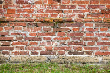 Grungy old red brick wall and grass, background texture