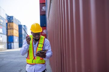 Black engineer in warehouse inspecting goods at industrial container yard
