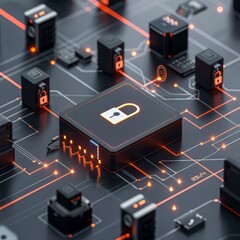 A circuit board with a glowing orange padlock on a black background.