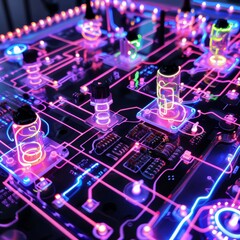 A circuit board with glowing pink and purple neon lights.