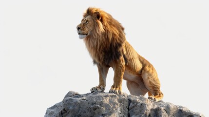 A lion is standing on a rock, looking at the camera