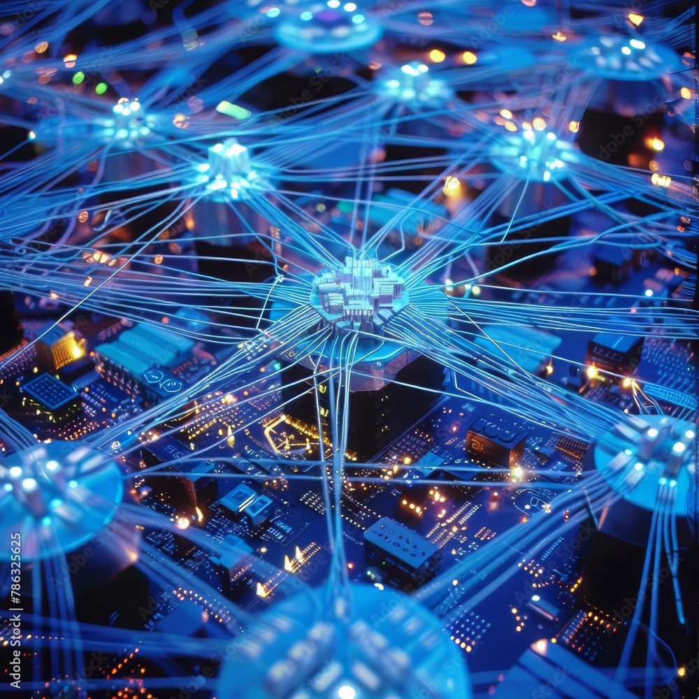 Aufkleber A glowing blue circuit board with multiple connection points.