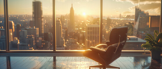 Modern Cityscape View from an Office, Featuring a Businesswoman Overlooking the Urban Horizon at Sunset - obrazy, fototapety, plakaty