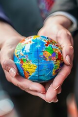 A hand holding a globe with a focus on the hand.