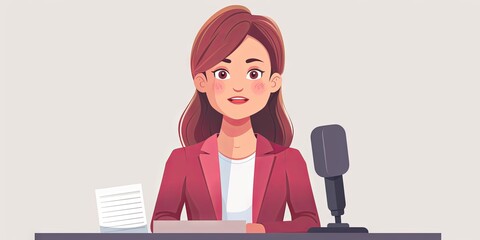 drawn illustration of female news anchor in pink jacket ready to broadcast, with microphone and script on desk.