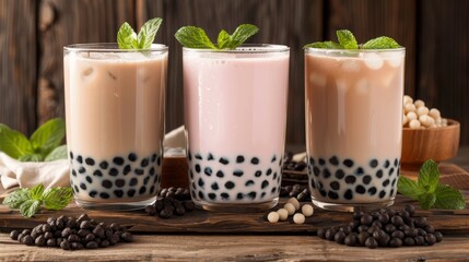 Varieties of oolong tea  iced bubble tea, milk tea with tapioca, and oolong bubble combo - obrazy, fototapety, plakaty
