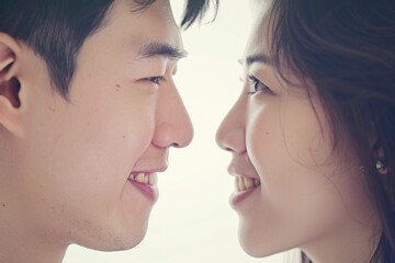 Closeup portrait of Asian man and woman looking at each other with their faces close together in intimate moment