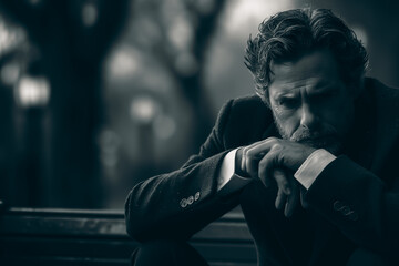 A man in a suit is sitting on a bench and looking down. He is deep in thought