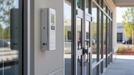 A small white electronic access control system is mounted on a wall next to a glass door.