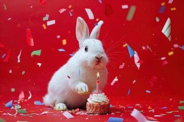 White rabbit celebrating birthday with cake on red background surrounded by falling confetti