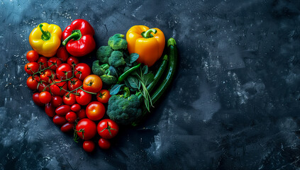 Heart shape by various vegetables and fruits. Healthy food concept. on dark background - obrazy, fototapety, plakaty