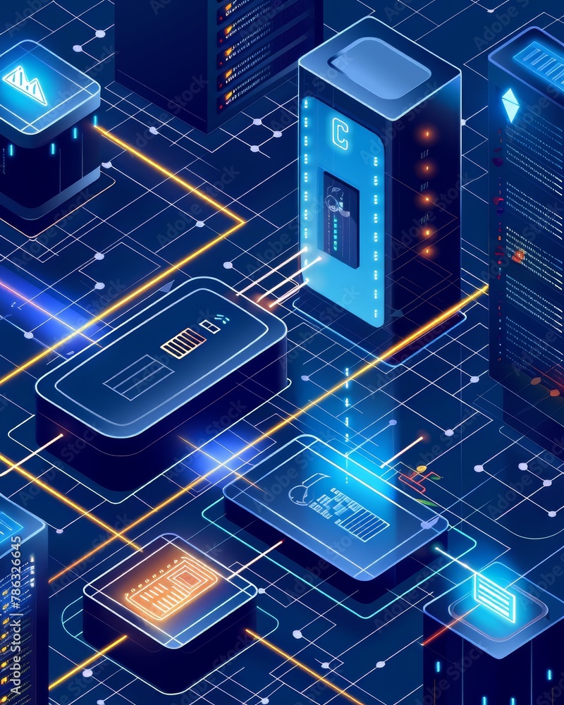 Poster an isometric illustration of a data center with servers and network connections.