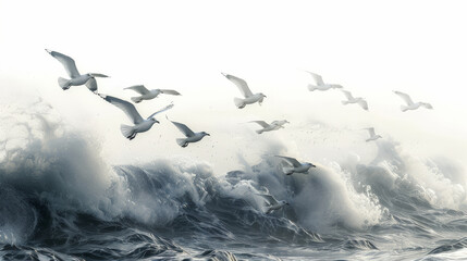 A flock of seagulls flying over a large wave