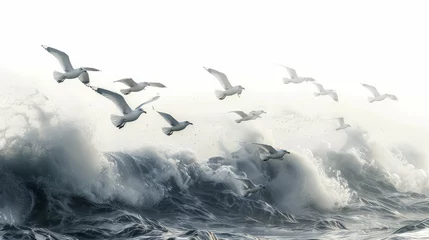 Fotobehang A flock of seagulls flying over a large wave © AnuStudio