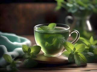 A cup of mint tea with mints around close up