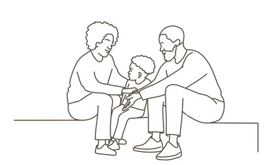 A man and a woman are sitting on a bench with a child in between them