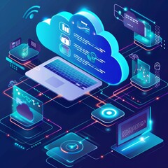 Laptop and cloud data storage with isometric perspective