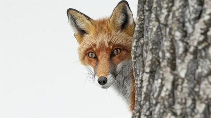 Fototapeta premium A fox is peeking out from behind a tree trunk