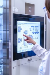 in white coat uses a touch screen control panel