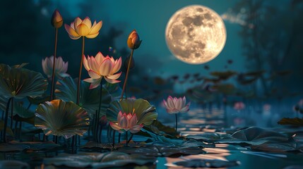Obraz na płótnie Canvas Lotus pond and moonlight illustration poster background