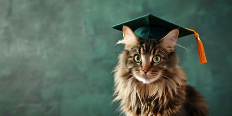 Baby cat student animal graduation mammal , cat wearing graduation cap on pastel background - obrazy, fototapety, plakaty