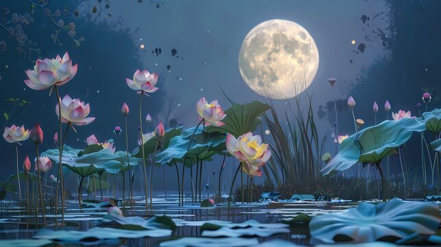 Lotus pond and moonlight illustration poster background