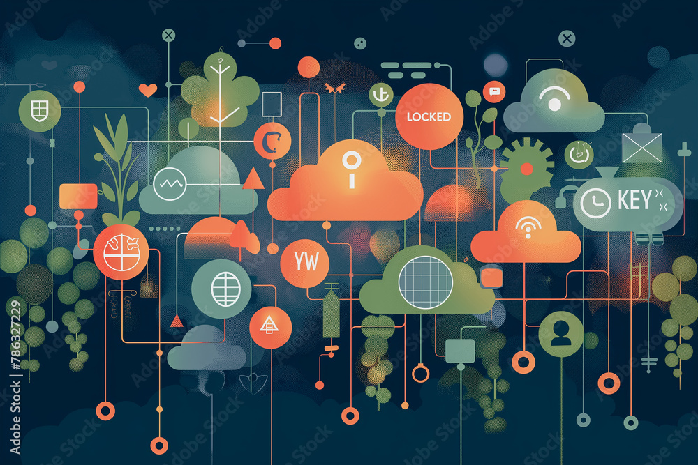 Aufkleber a colorful drawing of a cloud with many icons and buttons, including a key