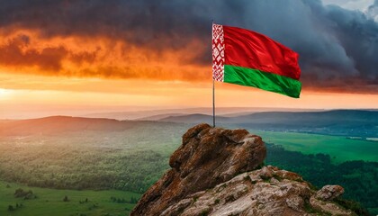 The Flag of Belarus On The Mountain. - obrazy, fototapety, plakaty