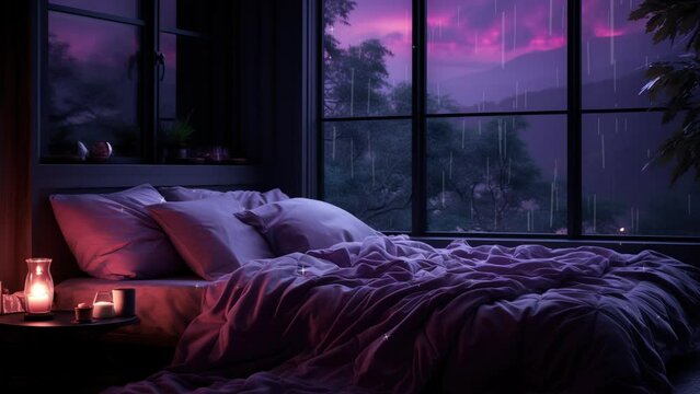 Relaxing lofi bedroom with rain sounds and purple lighting. Peaceful space for rest.