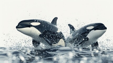 Two orcas are swimming in the ocean, one of which is larger than the other - obrazy, fototapety, plakaty