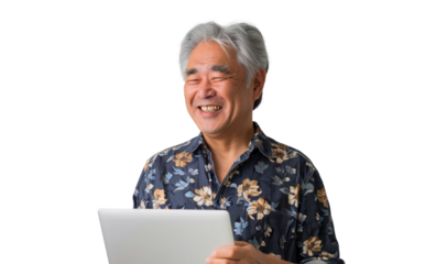 Smiling East Asian Man with Laptop