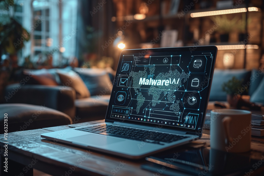 Poster a laptop computer is open to a screen that says malware
