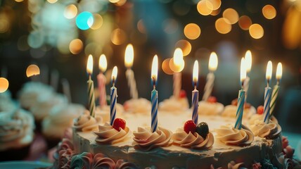 a close up of a birthday cake with lots of candles - obrazy, fototapety, plakaty